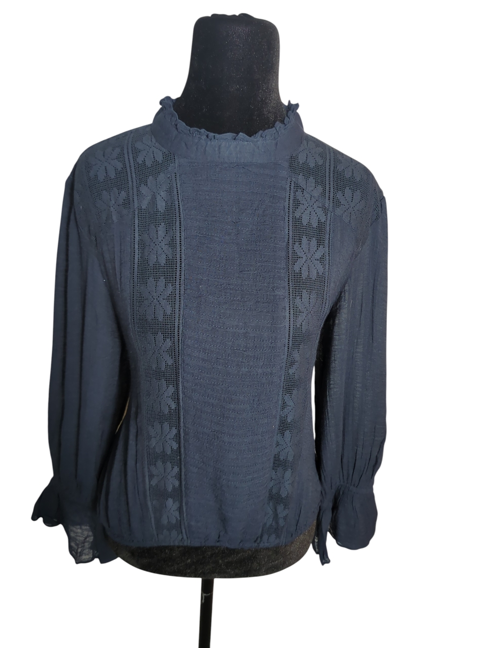 Free People Med Black Victorian Lace Pintuck Blouse Edwardian Dark Romantic Boho